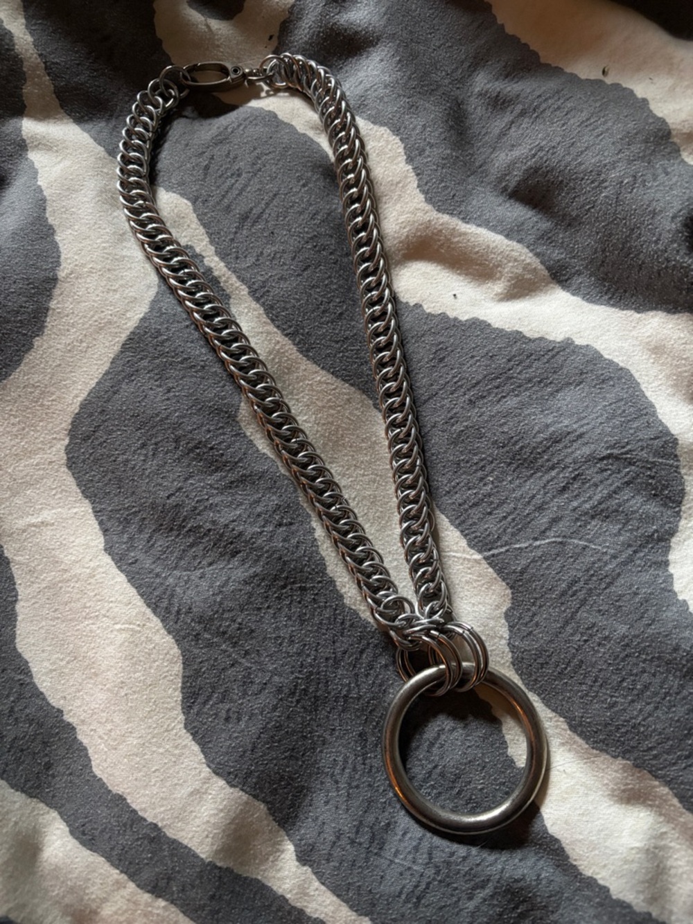 Chunky Silver Chainmail Necklace with Ring Pendant